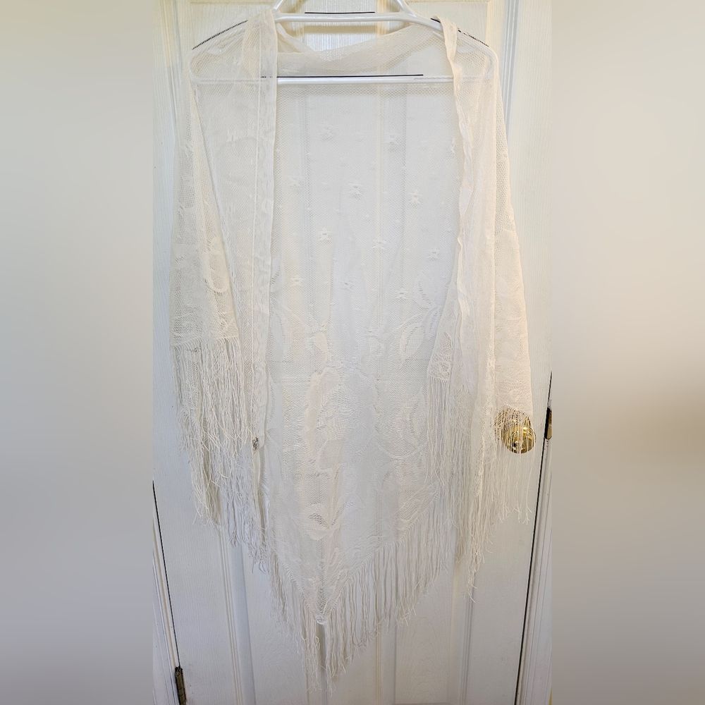 White lace shawl with fringe
